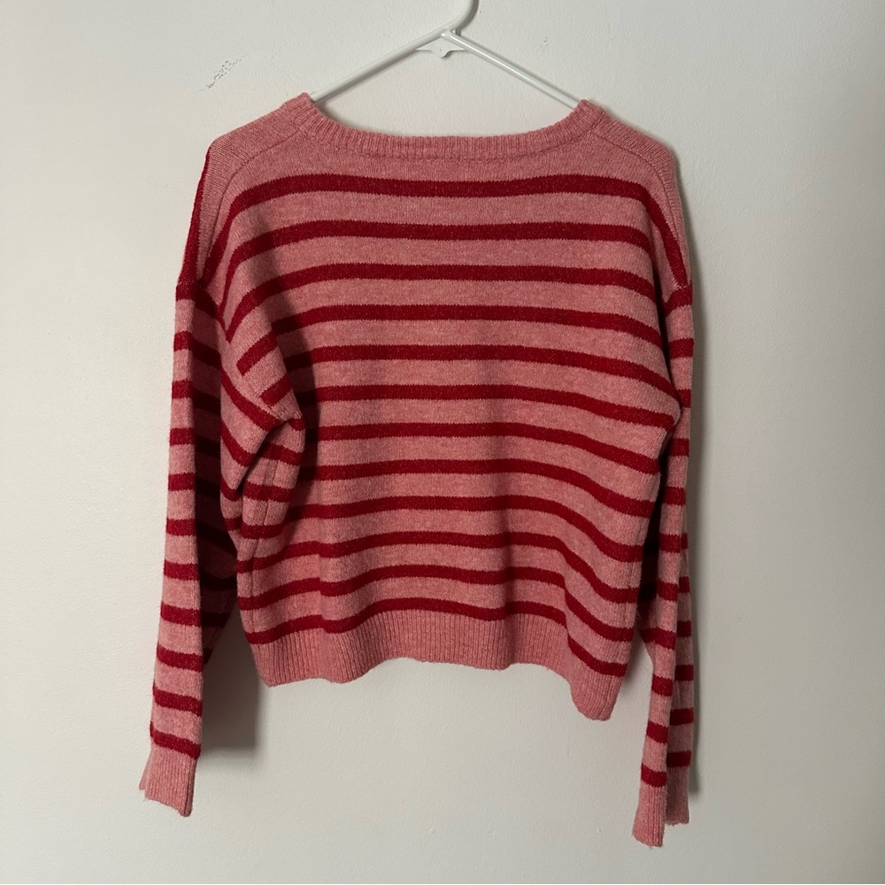 Cozy Striped Button-Up Sweater Cardigan in Pink & Red - Picture 6 of 7